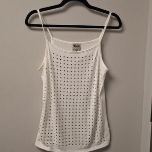 Vocal Tank Top Women White Rhinestone Spaghetti Strap